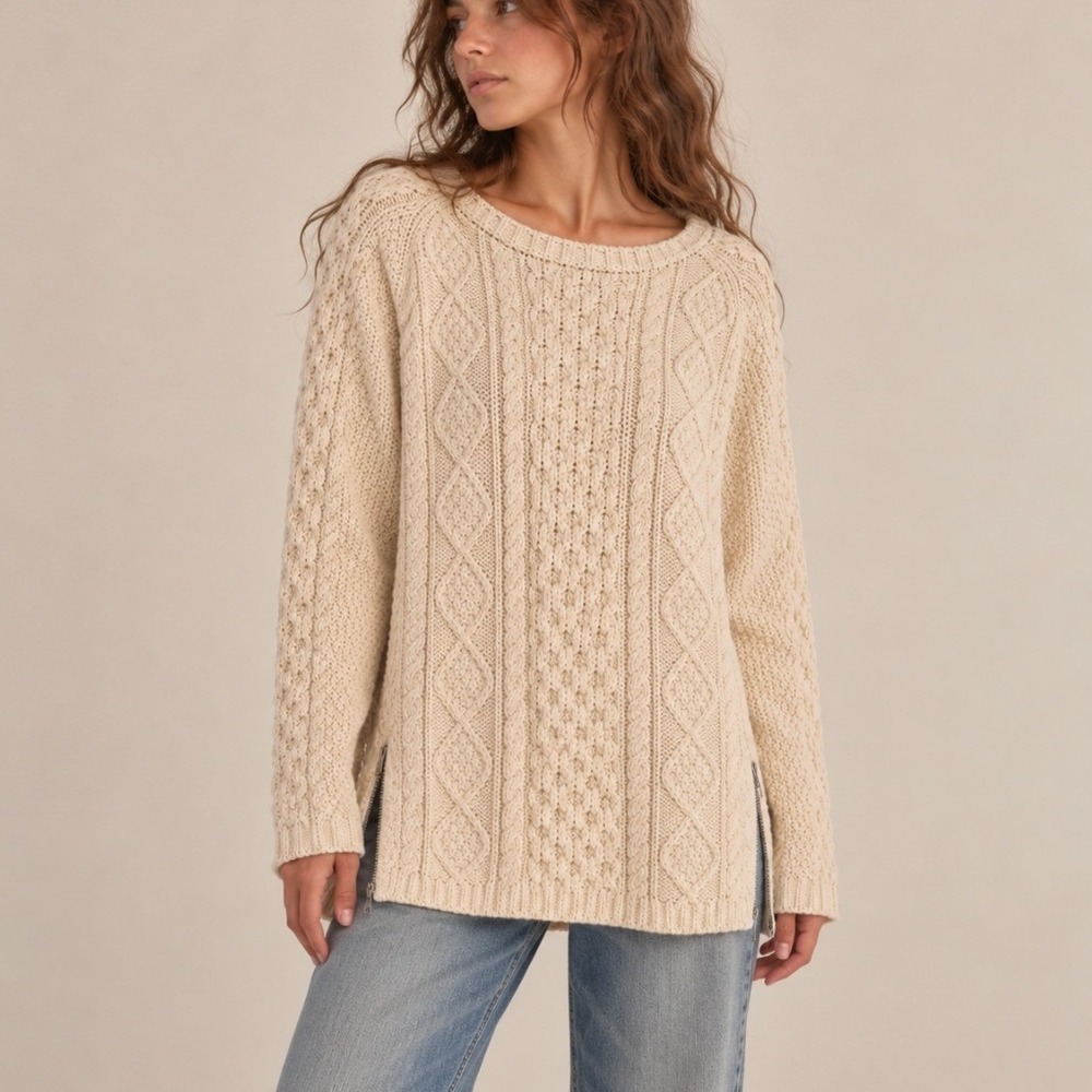 LL Bean Sweater Tunic Cable Knit M Cream Zip Cotton Fisherman Heritage Cabincore